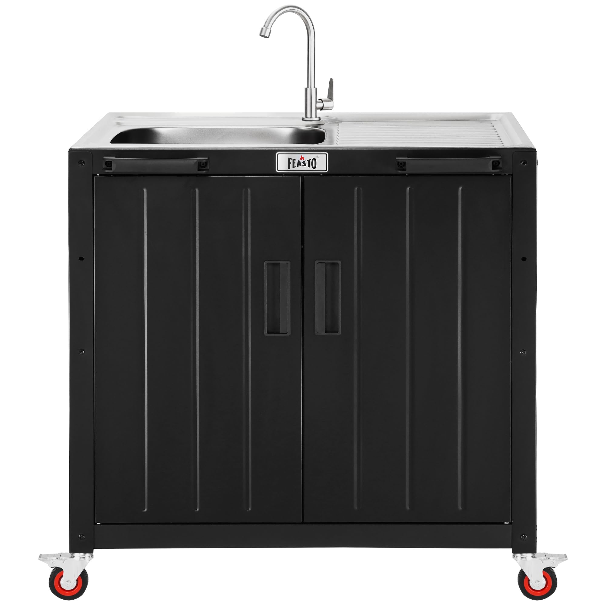 Outdoor Kitchen Island with Stainless Steel Sink and Storage Cabinet, 35-Inch BBQ Prep Station with Faucet & Lockable Wheels for Patio, Backyard, and Outdoor Cooking, Black & Silver