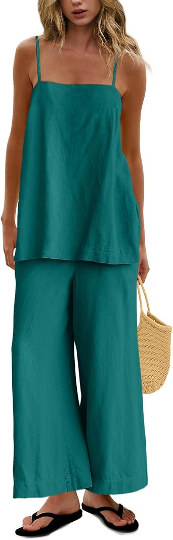 UNIANKIYA 2 Piece Sets for Women Summer Spaghetti Strap Tops and Linen Pants with Pockets Beach Vacation Clothes Casual