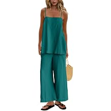 UNIANKIYA 2 Piece Sets for Women Summer Spaghetti Strap Tops and Linen Pants with Pockets Beach Vacation Clothes Casual