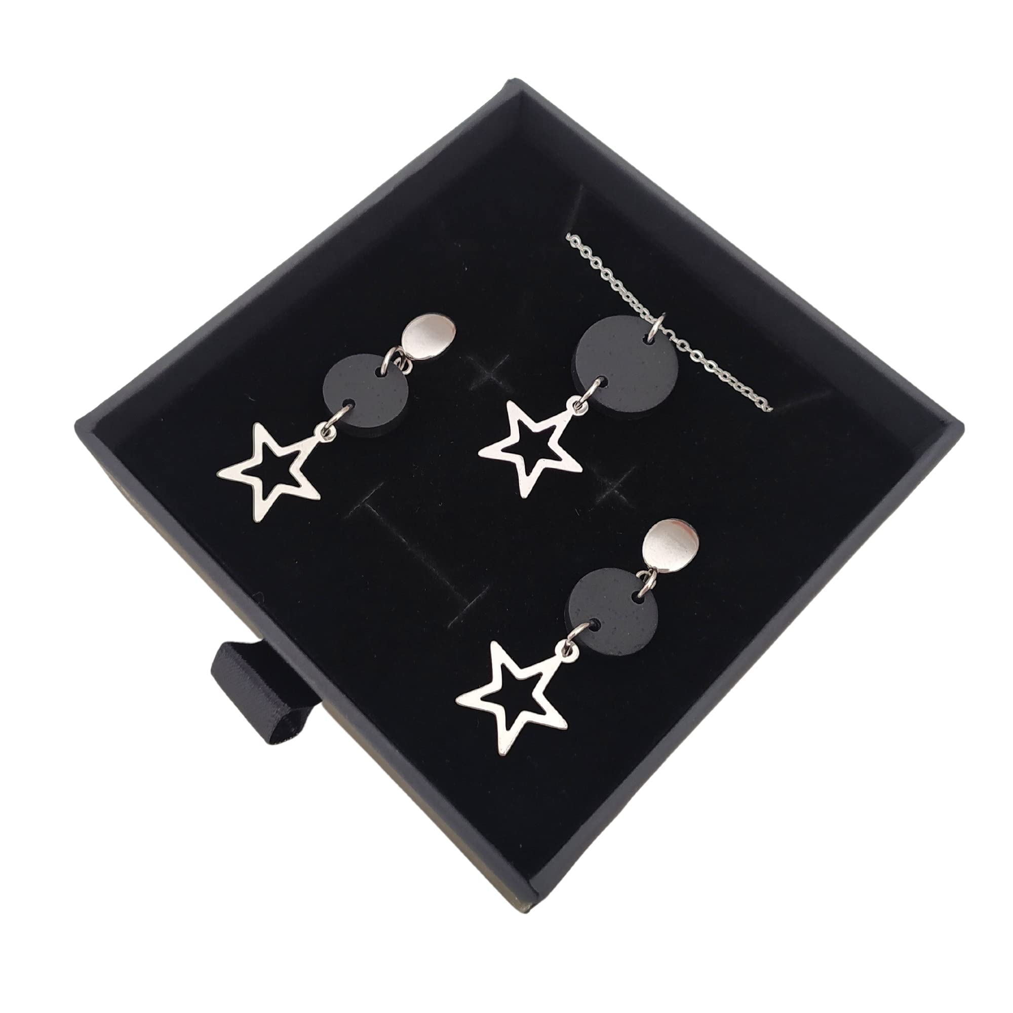 Pendientes estrella y Collar Estrella, Conjunto Estrella de collar y pendientes para mujer de acero inoxidable en color plata, Regalo original para Mujer