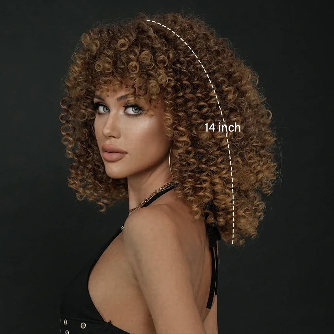 Parrucche afro ricci profonde per donne, lunghezza media, capelli sintetici naturali, parrucca afro ricci crespi per costume o uso quotidiano (ombré marrone biondo)