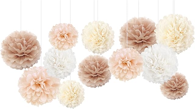 NICROHOME Wedding Party Decorations, 12 PCS Ivory White Tissue Paper Pom Poms for Birthday, Engagement, Neutral Baby Shower, Pastel Party Decorations, Bridal Showers