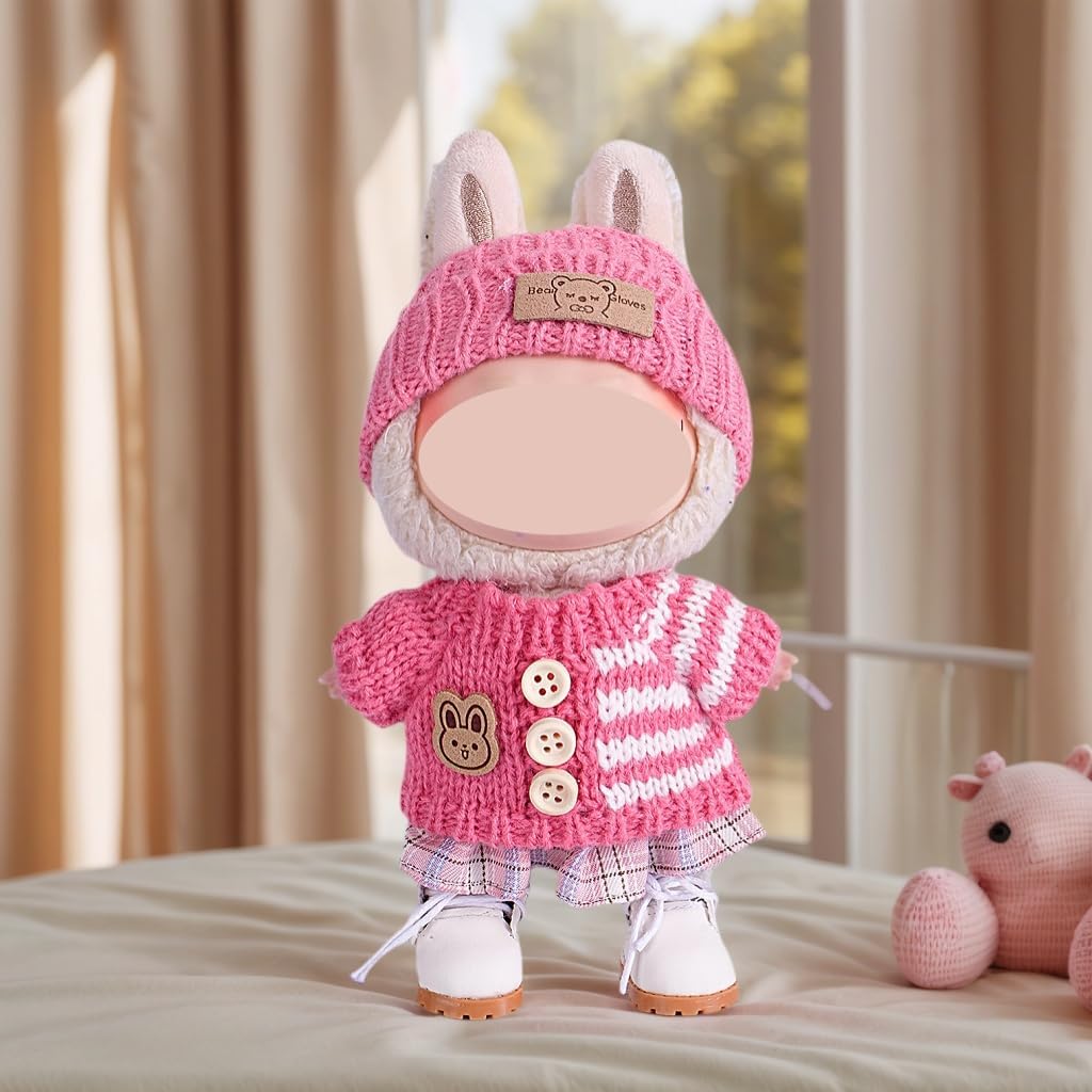 for Labubu Clothes/for Labubu Outfits, 17cm Doll Clothes Set 3pcs, Hat & Overalls Set for 17cm Doll Accessories Suit, Sweater Skirt Cute Clothing Outfit for Dress up Unique Style (Pink)