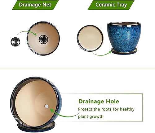Miniatura 6 de Maceta redonda de cerámica de 10 pulgadas para plantas de interior y exterior, maceta grande con orificio de drenaje y platillo azul
