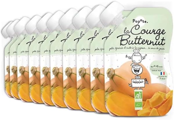 POPOTE - Purée Courge Butternut Bio - Dès 4/6 Mois - Gourde Individuelle 120 g - Recette Lisse, Équilibrée - Première Découverte des Légumes - Format Pratique à Emporter - Pack Familial 10 x 120 g - 1