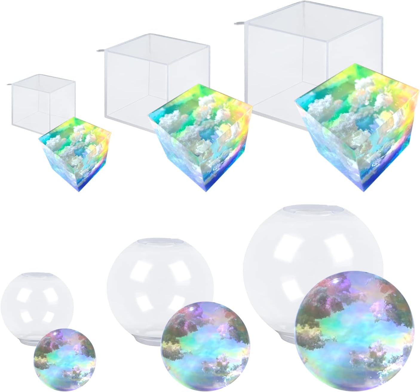 AOEDEO 6 PCS Large Sphere Resin Mold Clear Silicone Cube Molds Large Deep Square Epoxy Resin Mold, Cube Resin Molds Size:1.5/ 2.5/ 3.5 inch . 3 pcs Sphere Molds: 2 /3 /4 inch