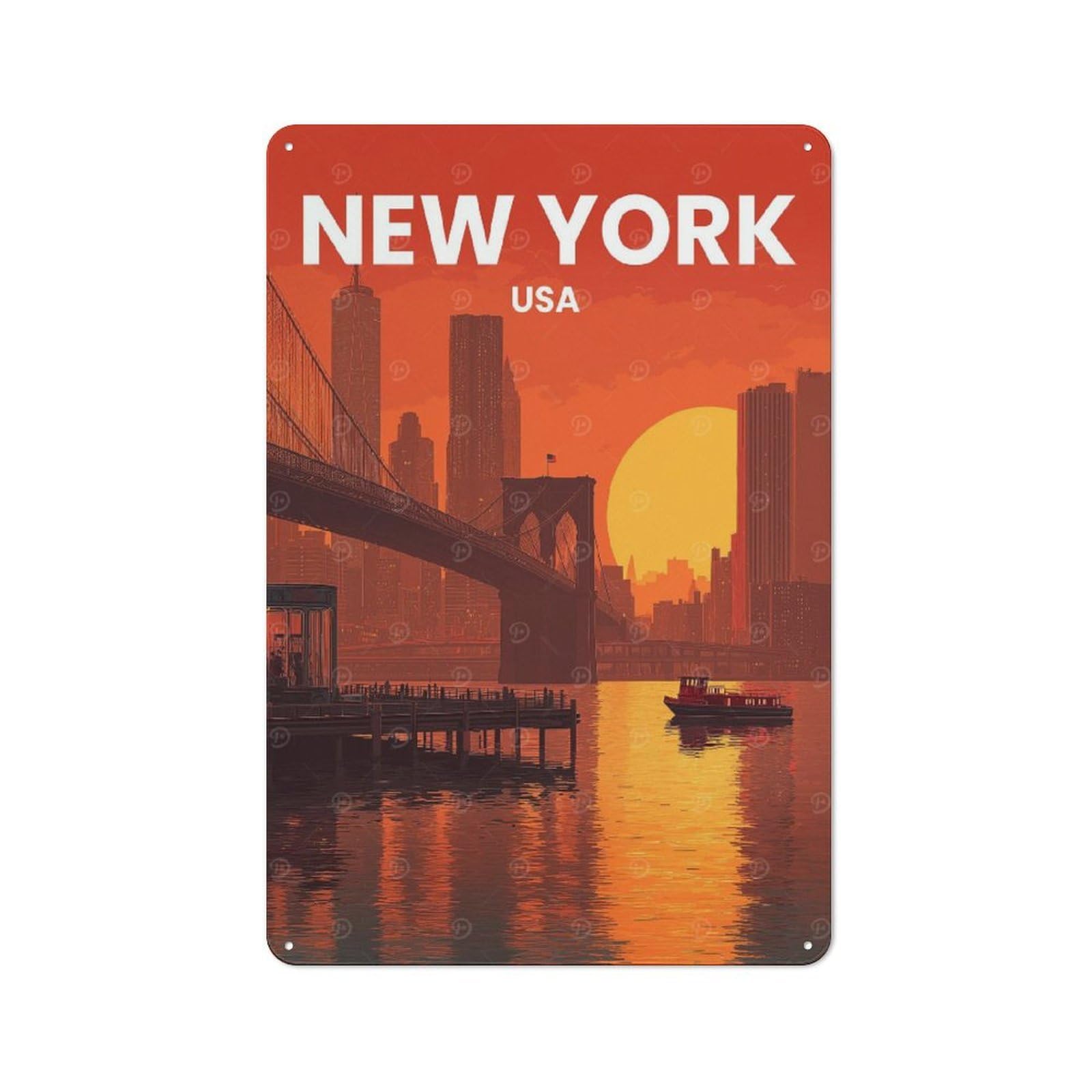 Junmoney New York Cityscape At Sunset Retro Metal Plaque 30X20cm For Living Room Or Hallway, For An Autumn Wall Display In Living Room And Hallway