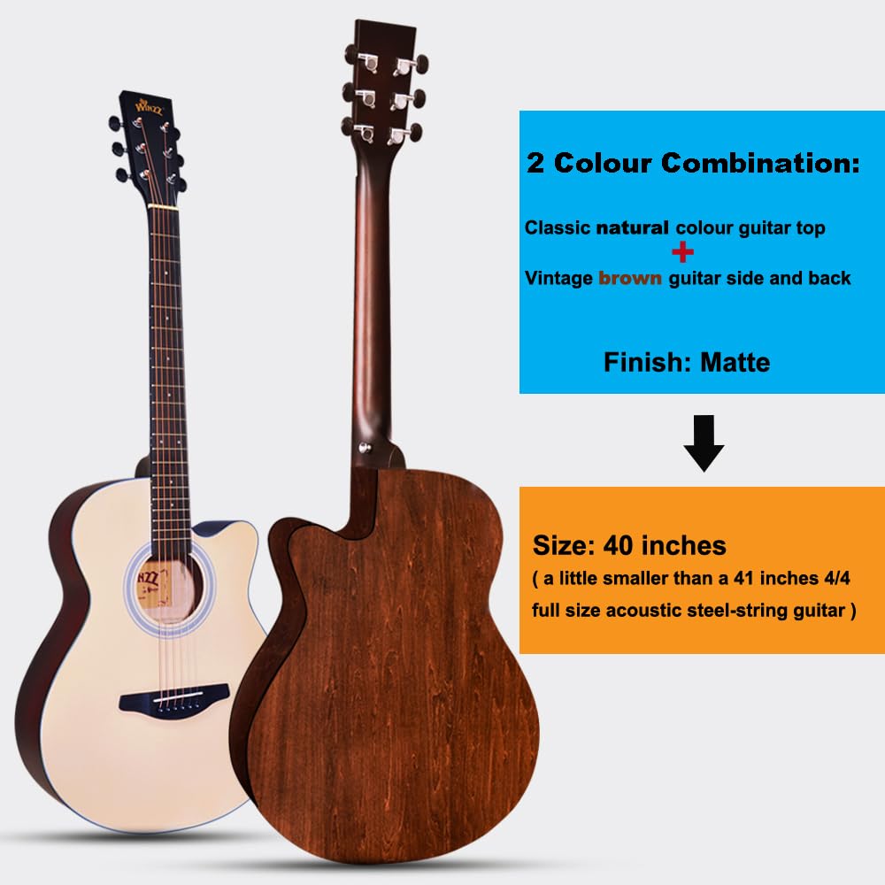 Winzz Guitare Acoustique Natürlich, Guitare Western 40 pouces, Guitare Débutant Set Avec Pied de Guitare, Médiator Guitare, Sangle Guitare, Accordeur Guitare, Housse Guitare