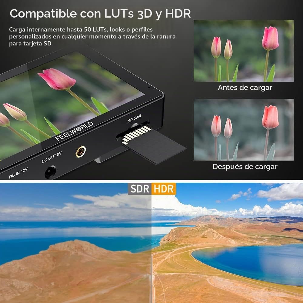 Feelworld LUT5 5.5 Pulgadas Touchscreen DSLR Monitor de Campo 3000nit Brillo Ultra Alto1920x1080 IPS 4K 30Hz HDMI Entrada Salida Kit de Alimentación Externa F970