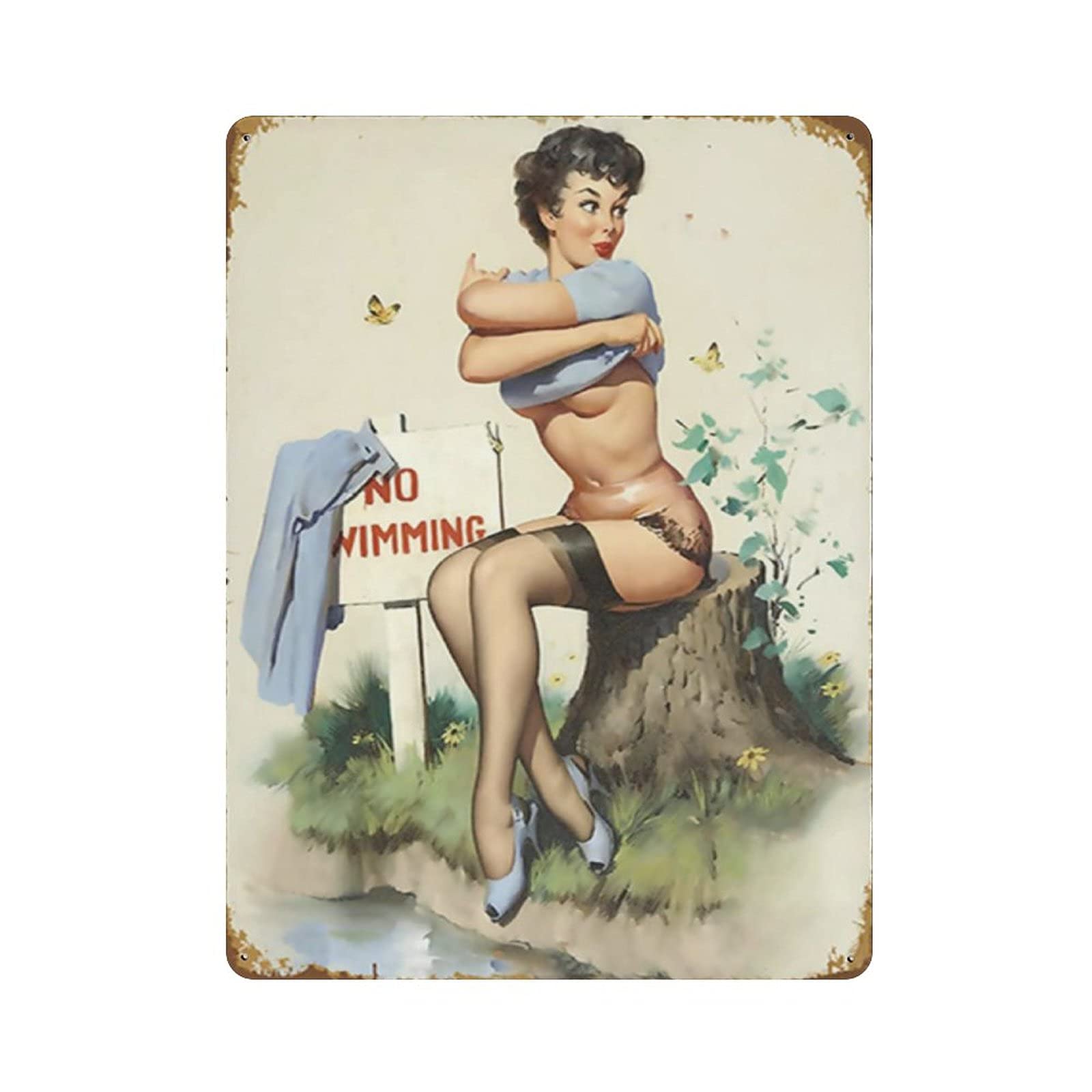 Metal Tin Sign No Swimming Pin Up Girl Vintage Tin Poster Metal Sign Wall Decoration Country Kitchen Home Garage Decor 16"x12"