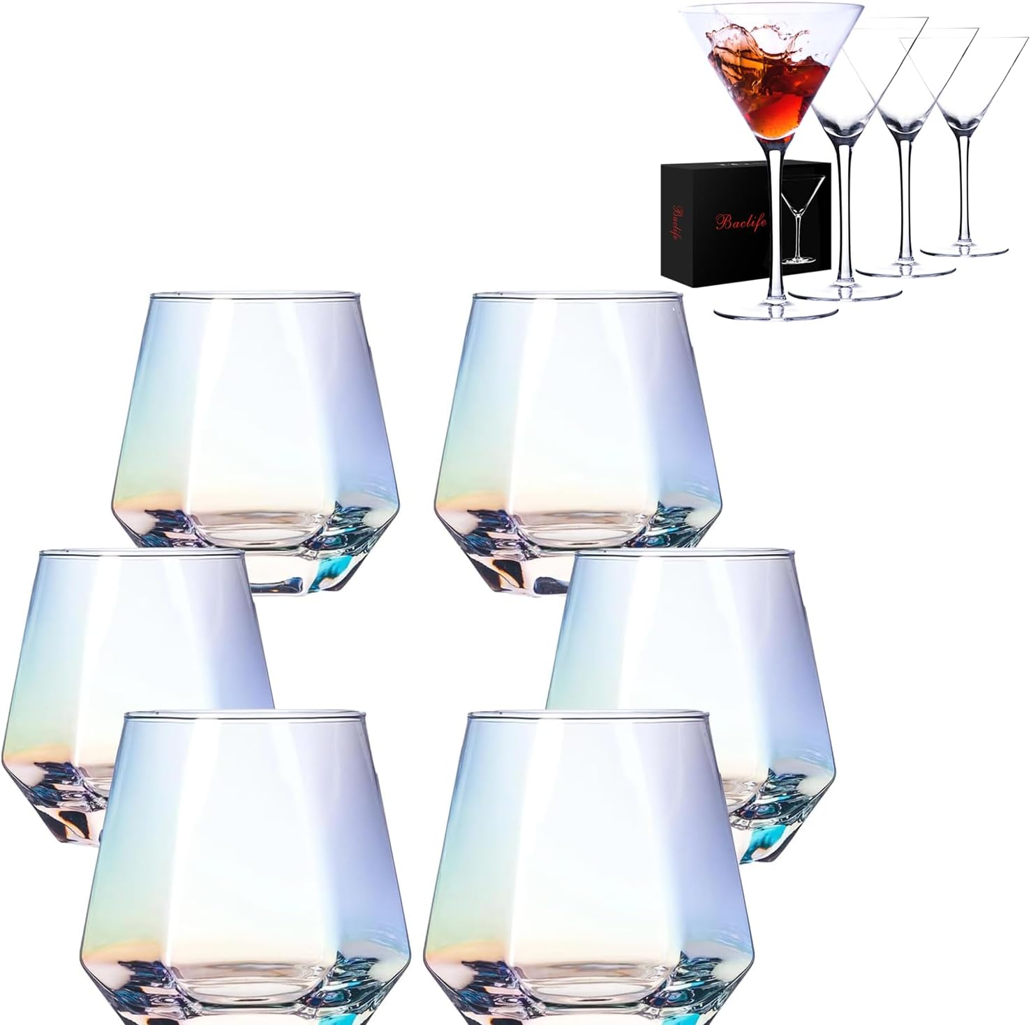 BACLIFE Martini Glasses Set with 6Pcs 10oz Crystal Stemless Wine Glasses,for Bar, Margarita, Cosmopolitan, Manhattan, Gimlet