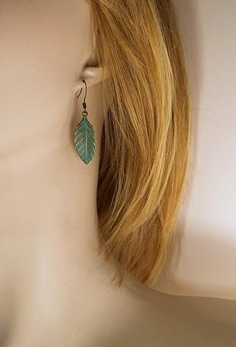 Miniatura 5 de Metal Feather or Leaf Dangle Earrings with Teal Verdigris Patina over Brass with Antiqued Brass Ear Wires