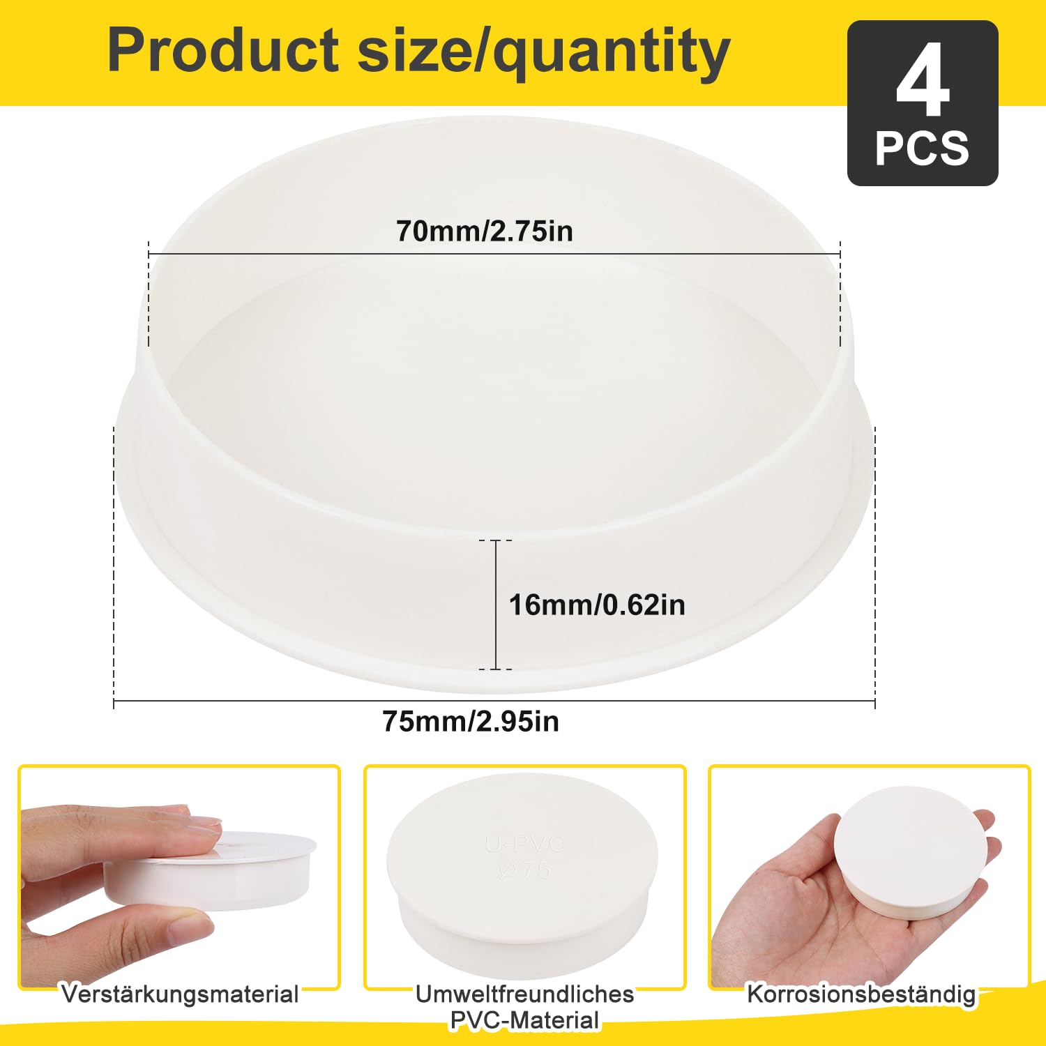 Tapón Decorativo de PVC Ø 75mm 4PCS Cubierta de Tubo de Ventilación Tapa Final de Bloqueo Interior para Tubería de Alcantarillado Protección (DN75)
