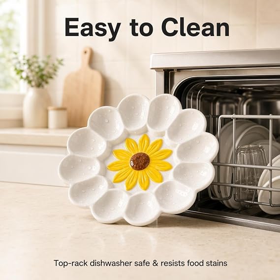 Ceramic Deviled Egg Platter 12 Slots Sunflower White Petal Serving Tray