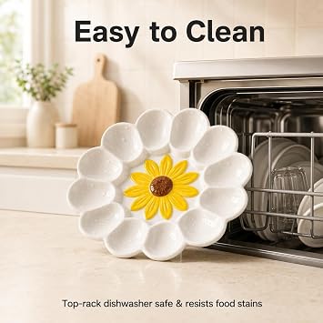 Ceramic Deviled Egg Platter 12 Slots Sunflower White Petal Serving Tray
