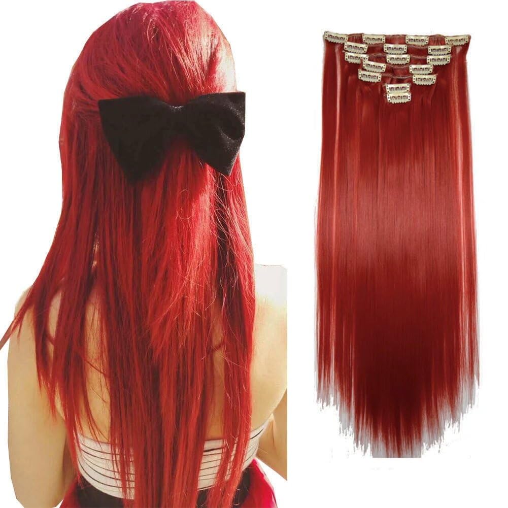 LaLuLoLi Heat Resistant Synthetic Fiber Straight Red Hair Extension Clip on Hair Wig Woman's 55m 22inch 100g Thick Clip in Hair Pieces Extensions for Party Cosplay (Red-#113