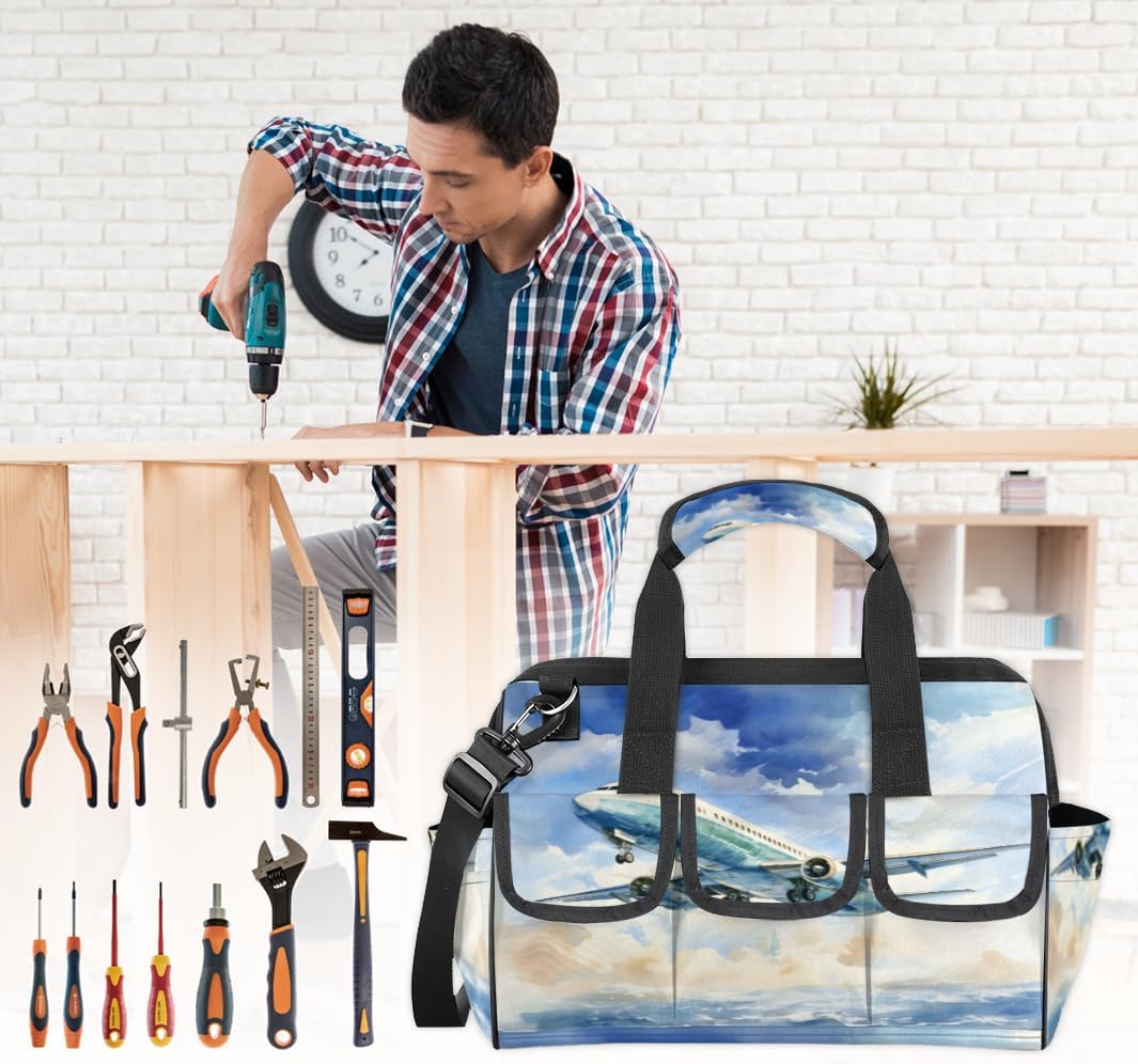 Airplane Theme Tool Bags for Men Women Multi-Pockets Wide Mouth Tool Organizer Storage Tote Bag Waterproof Stroage Bags with Adjustabe Shoulder Straper for Car Electrician Garden