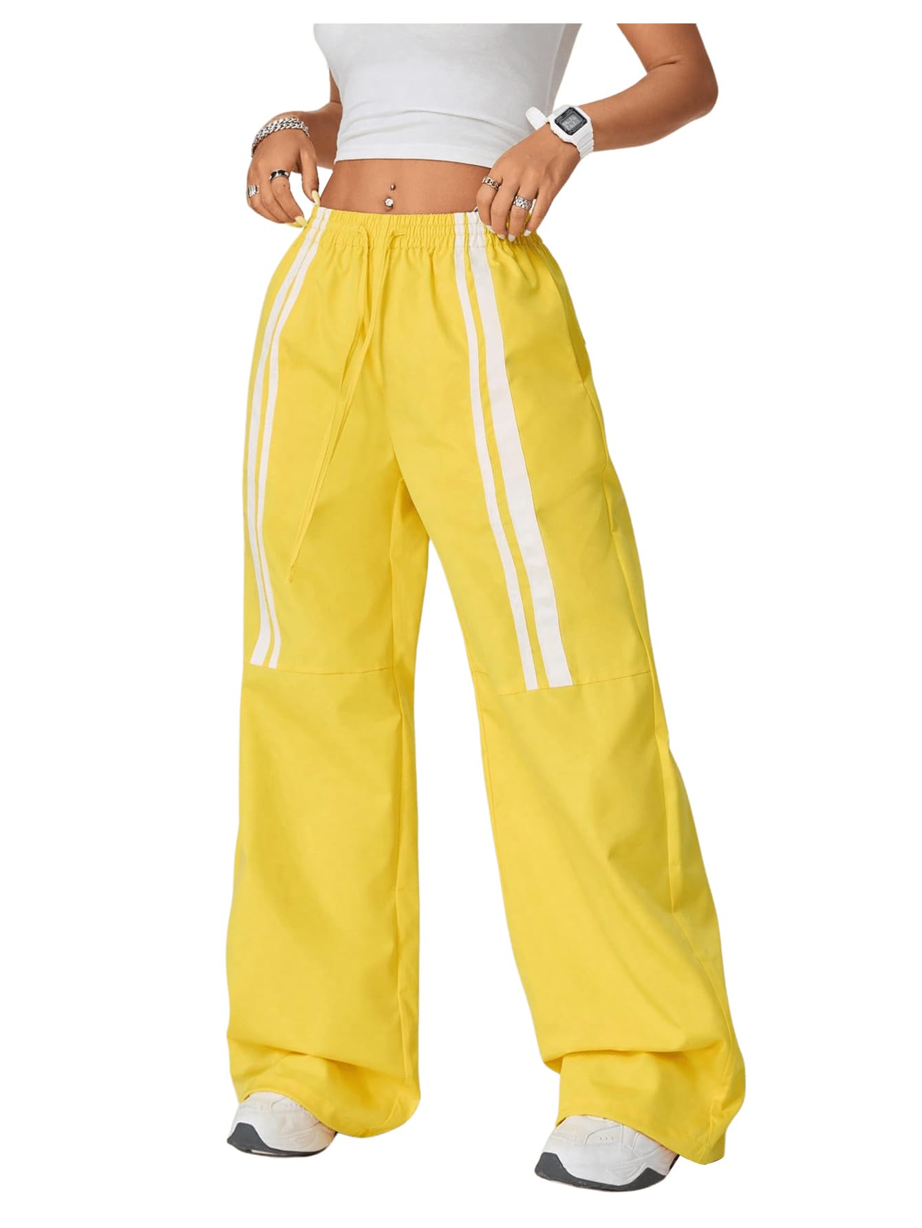 OYOANGLE Women's Striped Drawstring Elastic Low Waist Wide Leg Pants Fashionable Loose Fit Baggy Long Pants