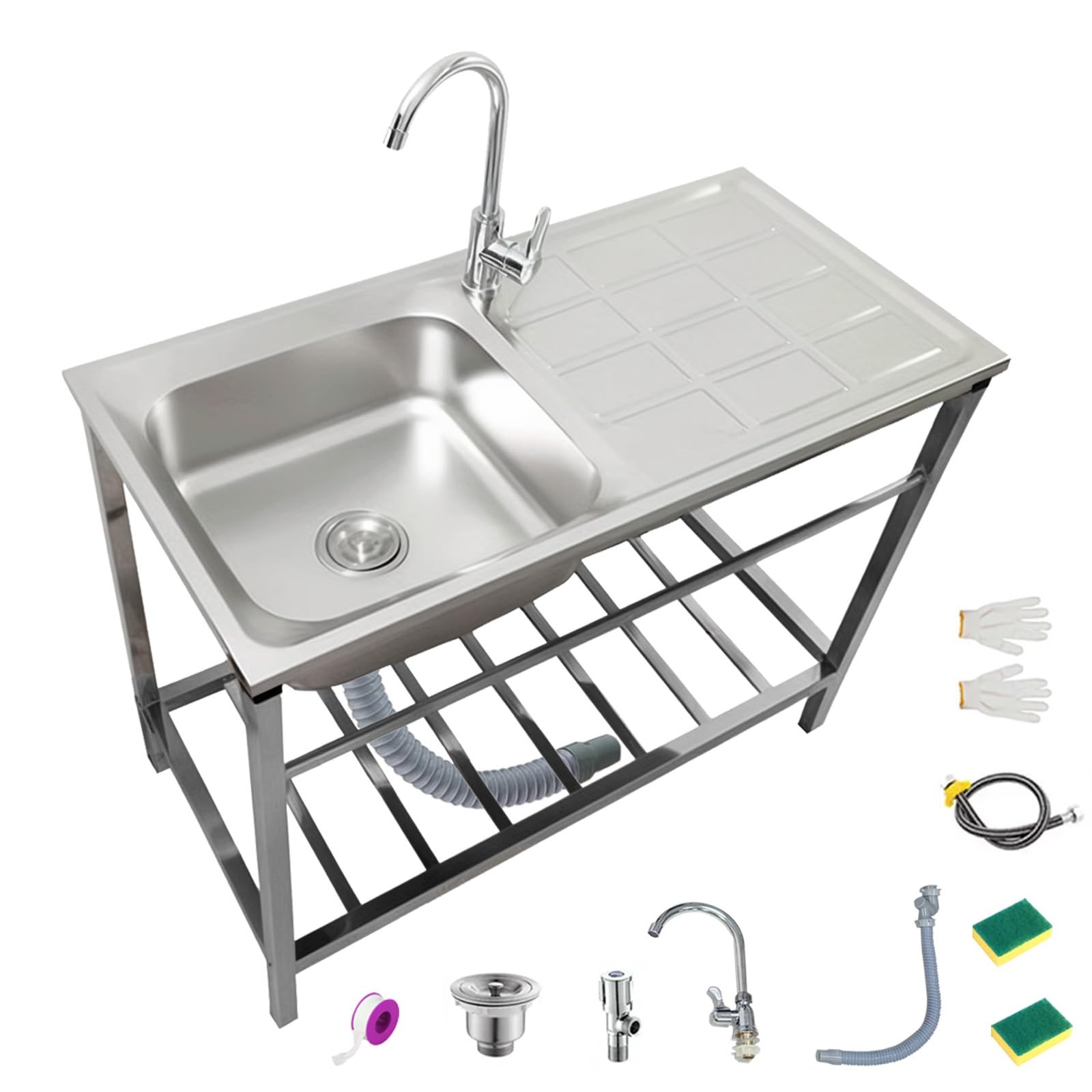 Fregadero Industrial Fregadero con Patas Acero Fregaderos Portatiles con Kit De Desagüe Fregadero Exterior Jardin con Grifos Fregadero Lavanderia Balcón Camping Barbacoa Fregadero Camping