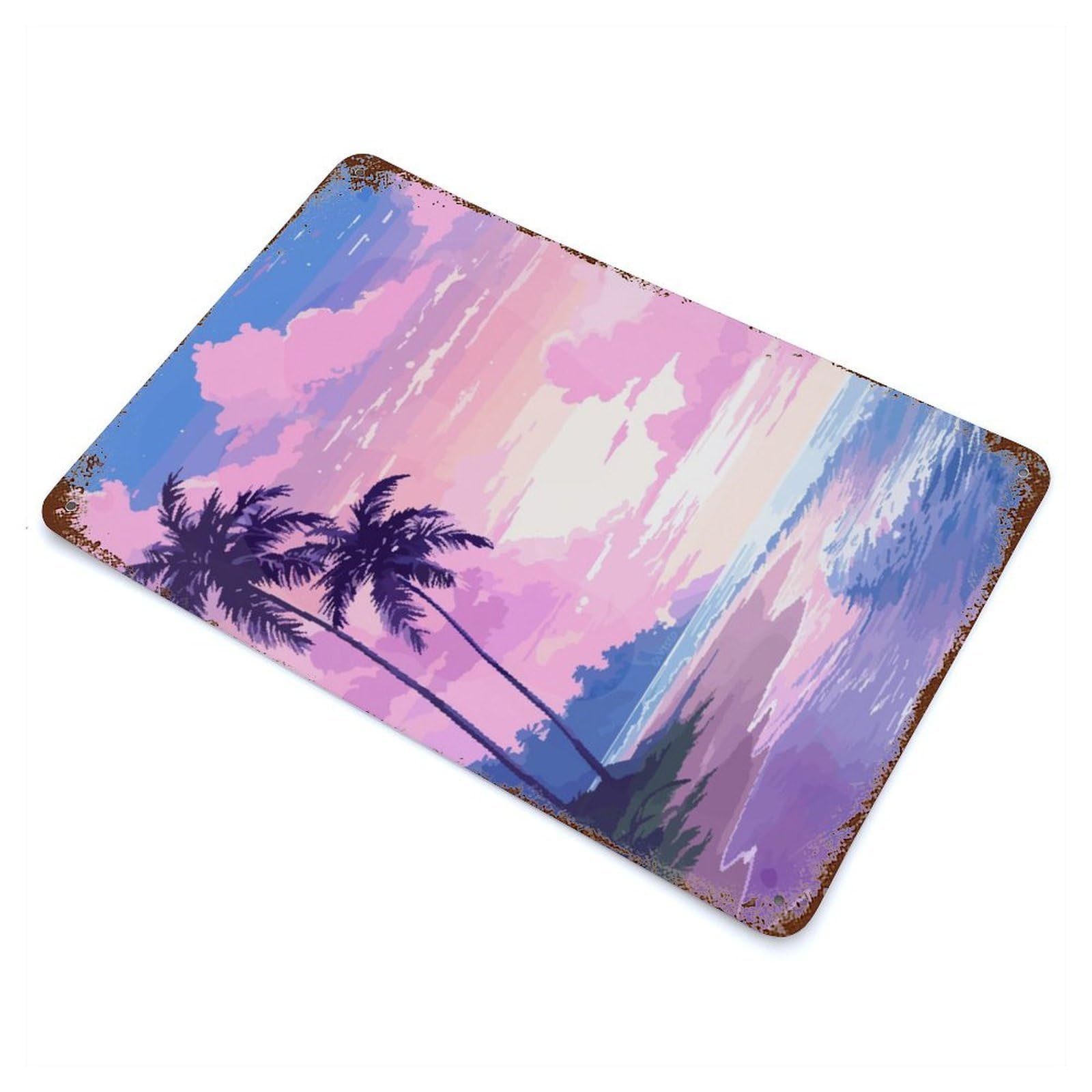 Hawaii Sunset Pixel Art Rust Effect Tin Sign 11.8"x7.9", Ideal for Farmhouse, Kitchen And Entryway Decor