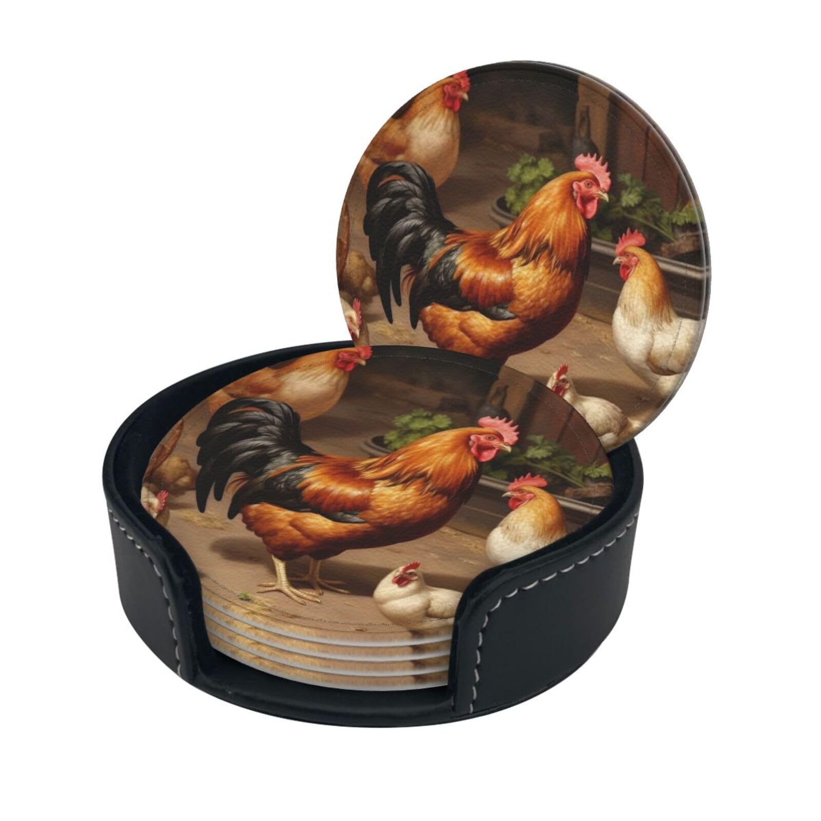 Stylish Coasters - Roast Chicken Hen Farm Set of 6 Round Leather Drink Coasters with Holder - Perfect Size for Cups and Glasses