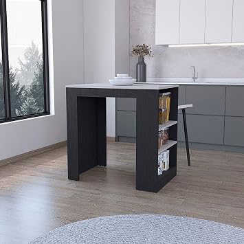 FM FURNITURE Harlan Kitchen Island with 3 Side Shelves, Black/Ibiza Marble
