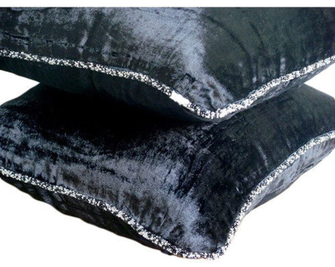 Fabric Mart Direct Black Decorative Pillows Cover, Solid Color Beaded Cord Pillowcase, 20x20 inch (50x50 cm) Throw Pillows Cover, Solid Contemporary Cushion Cover, Square Velvet Easter - Black Shimmer
