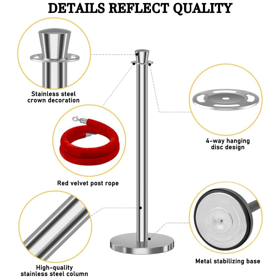 YVYKFZD Stainless Steel Stanchion Post, Crowd Control Barriers with 4.9 ft Velvet Ropes, Crowd Control Stanchion Rope Safety Barriers for Museums Theater Party Wedding(Silver,2 Pack)