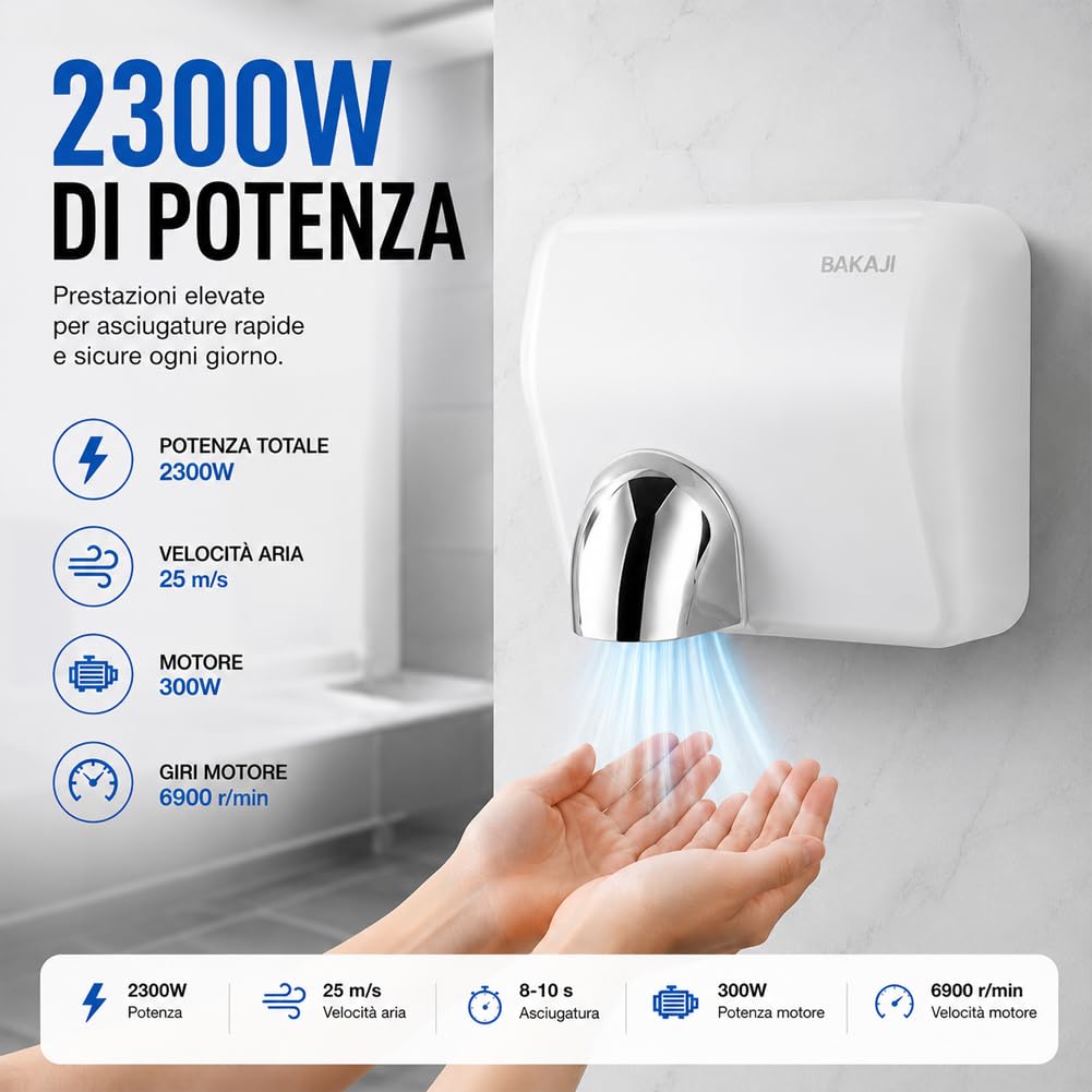 BAKAJI Secador de manos automático eléctrico de pared para hoteles, baños públicos, restaurantes, secador de manos de aire caliente de pared con sensor fotocélula, potencia 2300 W, secado a alta