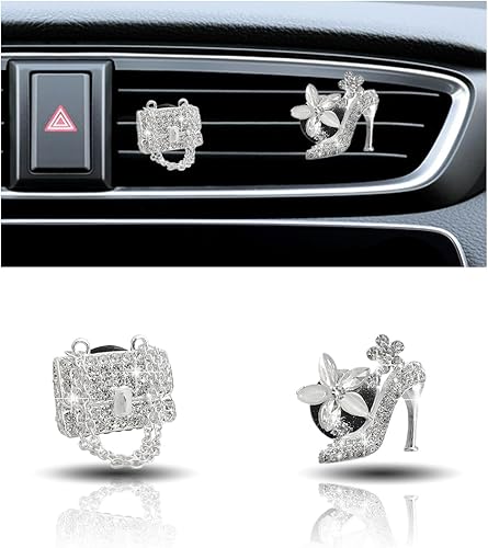2 clips de ventilación de coche con diamantes de cristal, tacones y bolsas, clip de ventilación de coche de cristal, difusor de ambientación para el