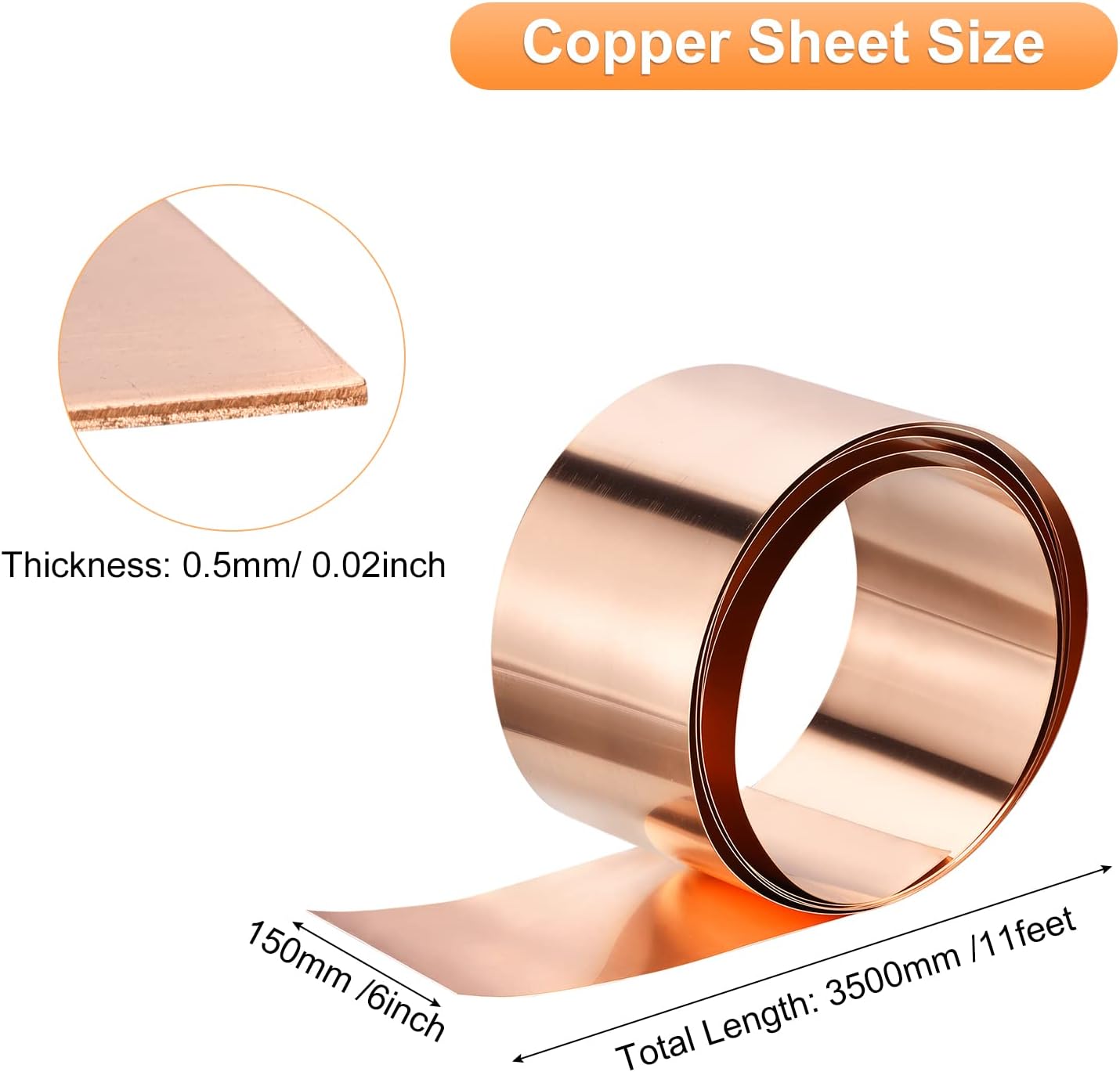 uxcell Copper Flashing 99.95% Pure, 0.5mm Thickness 24 Gauge Copper Roll, 11ft x 6in Copper Sheet Metal Flashing for Contractors DIY Projects, Multiple Size