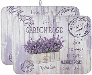 Purple Lavender Dish Drying Mat for Kitchen Counter Flowers Vintage Wood Grain Flower Pot Super Absorbent Microfiber Coffee Bar Mat Washable Dish Drainer Rack Mat, 2 Pack, 18" x 24"