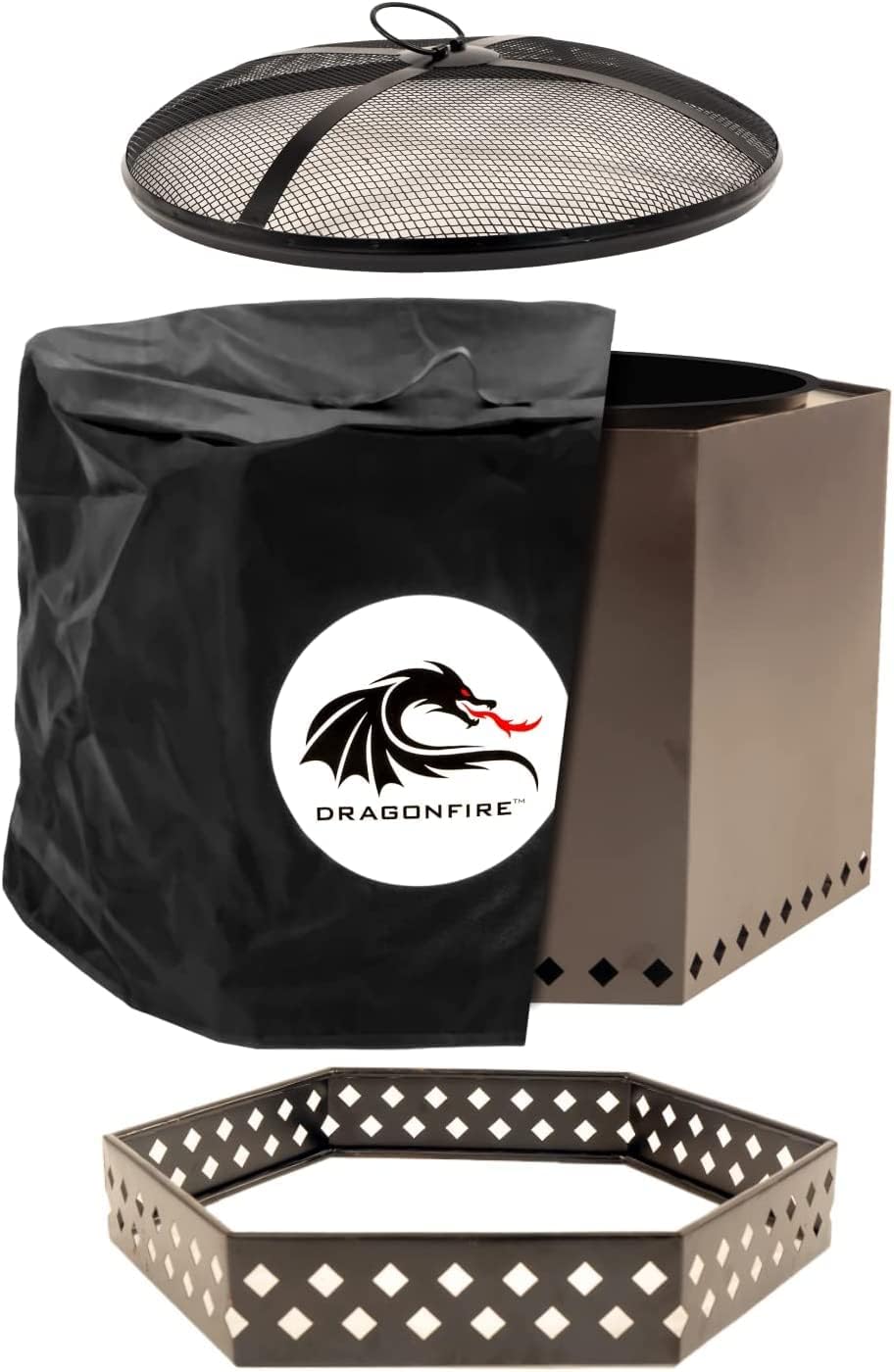 Dragonfire Smokeless Firepit, Accessories Included: Spark Screen, Base Stand, and Weatherproof Cover. Wood Pellet/Log Burning Large Outdoor Fire pit. Bronze Finish, 23.5 Inch Backyard Patio Size.