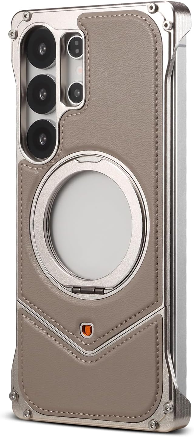 360° Spin Magnetic Stand for Samsung Galaxy S25Ultra Case, Fit for MagSafe,Aluminum Alloy Genuine Leather Ostand with Kickstand Rotatable (Silver, Samsung Galaxy S25 Ultra)