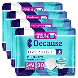 Because Overnight Absorbency Pull Ups - Adult Disposable Incontinence Underwear, Extra Absorbent Nighttime Briefs for Men and Women, White, Small/Medium, 80 Count (4 Packs of 20)