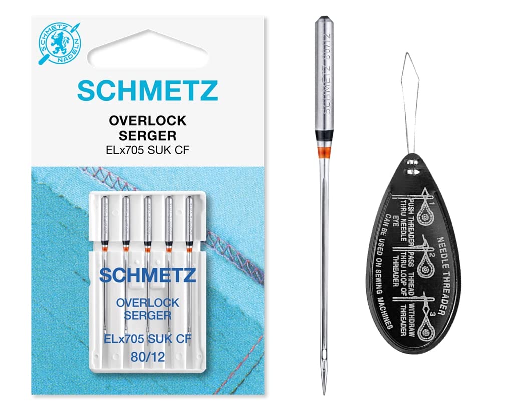 Overlock/Serger ELx705 SUK CF Ballpoint (Medium Ball Point, Chrome Finish) Coverstitch Sewing Machine Needles, Size 80/12, Includes Large Needle Threader