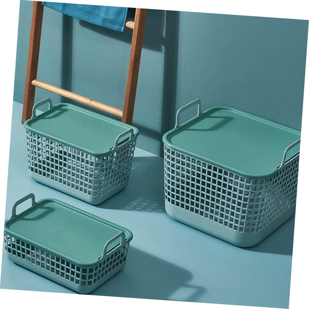 Multi-functional Organizer Box with Lid Medium Green Storage Basket for Bathroom Closet Kitchen and Living Room Breathable Design