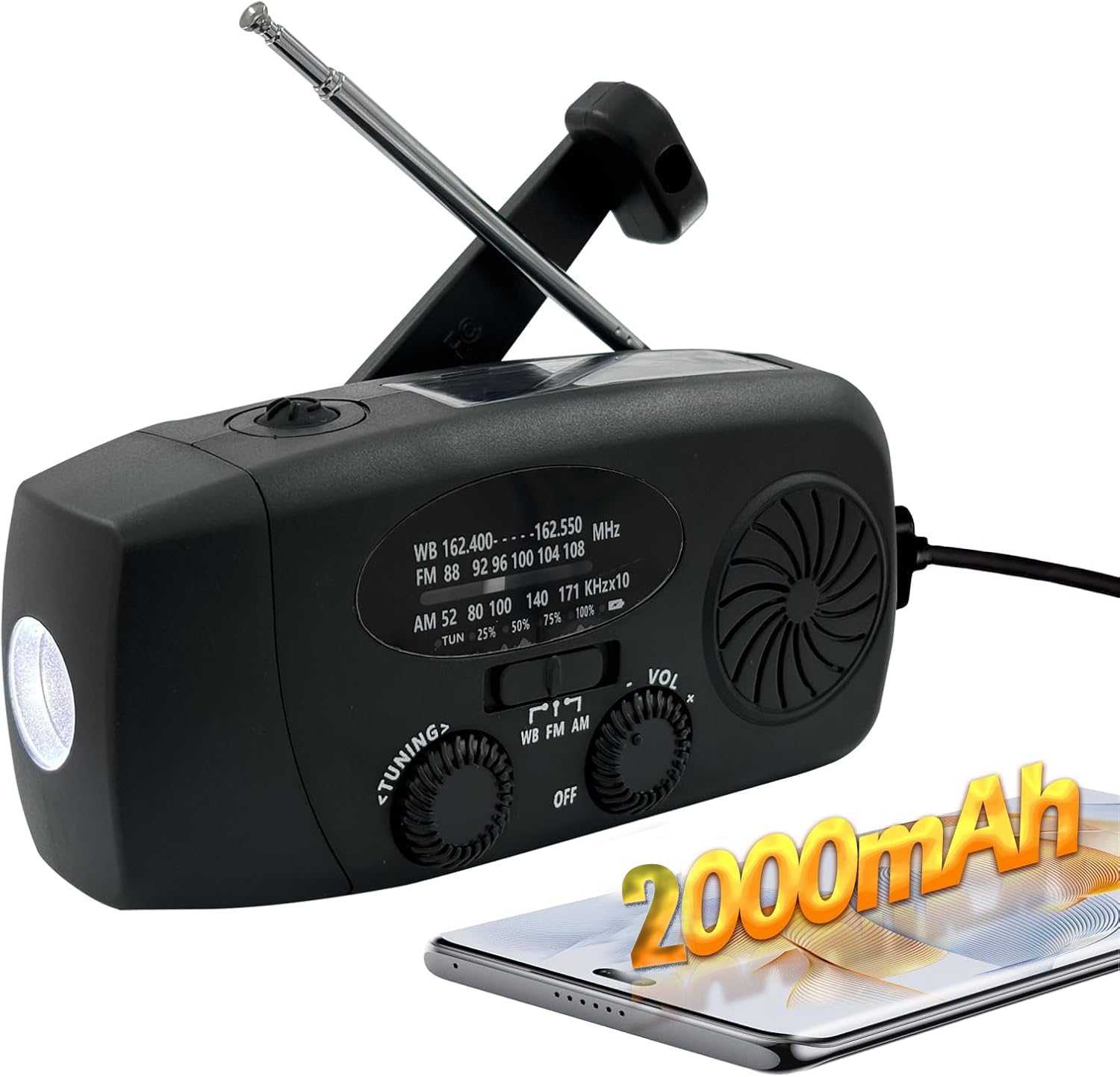 Emergency Hand Crank Radio with LED Flashlight for Emergency, Black | AM/FM NOAA Portable Weather Radio, 2000mAh Phone Charger, USB Charged & Solar