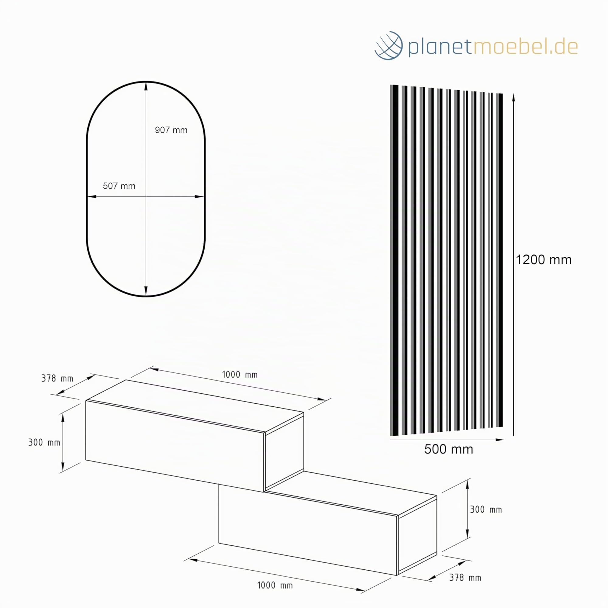 Planetmöbel - Mueble de entrada, 2 x 100 cm, roble dorado/antracita, panel de pared 50 cm, roble dorado/antracita, espejo de 50 cm (sin LED), 32,5 x 100 x 37,8 cm (alto x ancho x profundidad)