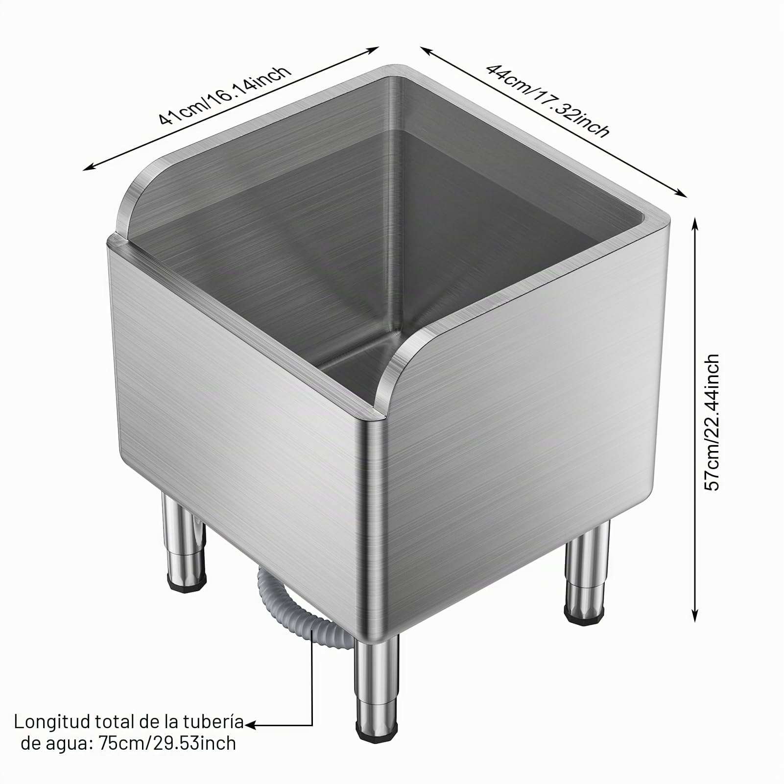 Fregadero de fregona de acero inoxidable con pies ajustables, barrera alta, soldadura sin costuras, fregadero comercial de gran capacidad para lavanderías, vestíbulos, restaurantes, plateado