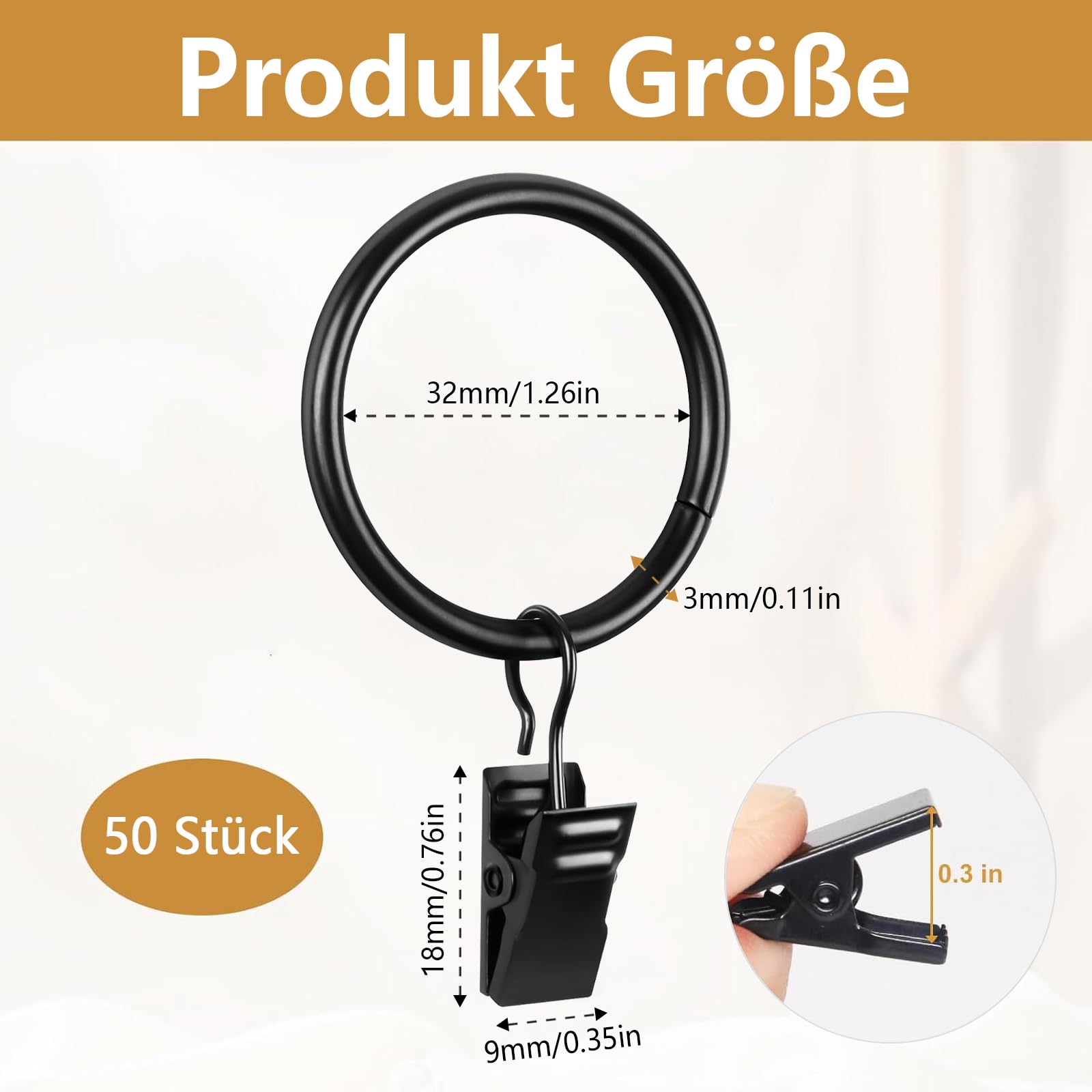 50 sztuk metalowych pierścieni do zasłon z klipsami, 32 mm średnica wewnętrzna zaczepów do pierścieni, czarne pierścienie do zasłon z klipsami na szynę, okna, drzwi, zasłona prysznicowa, lina
