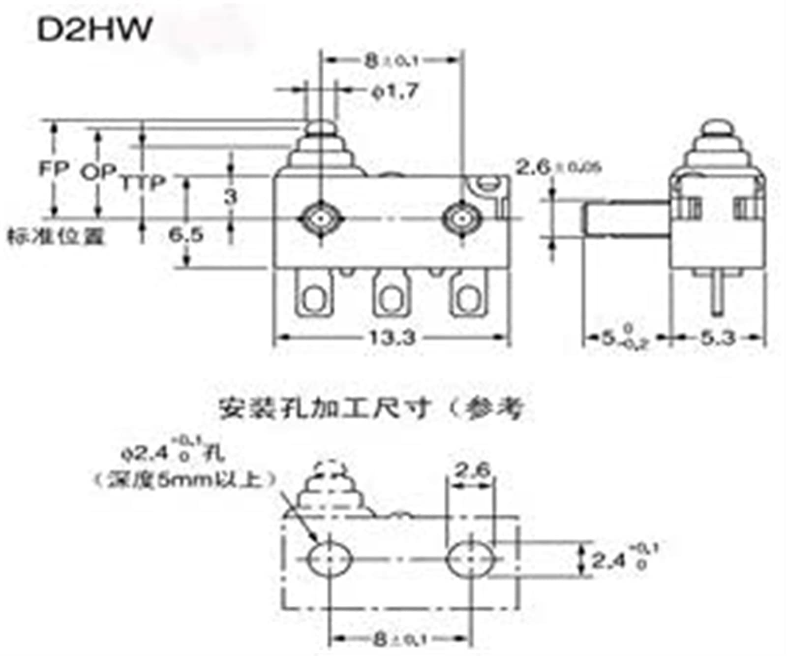 Final de carrera, codificador rotativo, interrupto Microinterruptores impermeables - D2HW-EL291H-A515-AQ Interruptor de límite vertical (5 piezas) con mango de 12,8 mm de longitud