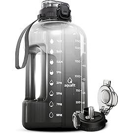AQUAFIT Half Gallon Water Bottle with Time Marker - Straw & Chug Lid - BPA Free Gym Water Bottle with Straw - Big Gallon Jug (Midnight Gray, 64 oz - 2in1 Lid)