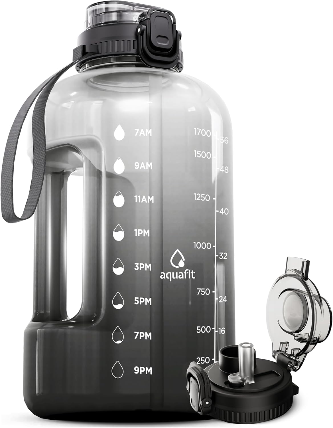 AQUAFIT Half Gallon Water Bottle with Time Marker - Straw & Chug Lid - BPA Free Gym Water Bottle with Straw - Big Gallon Jug (Midnight Gray, 64 oz -