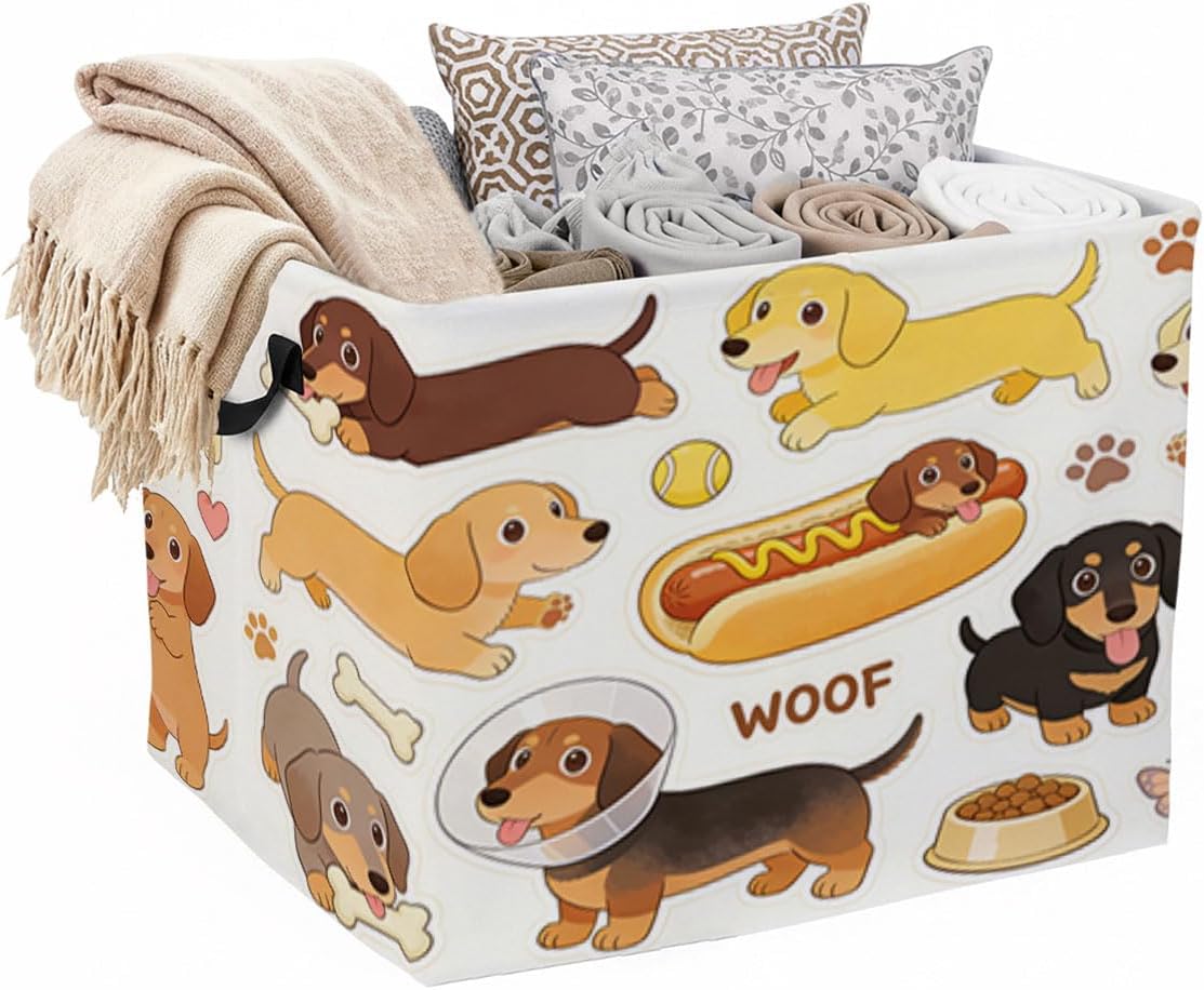 56L Cartoon Dachshund Foldable Square Laundry Hamper with Handles – Large Clothes, Blanket & Toy Storage Basket for Home Organization.