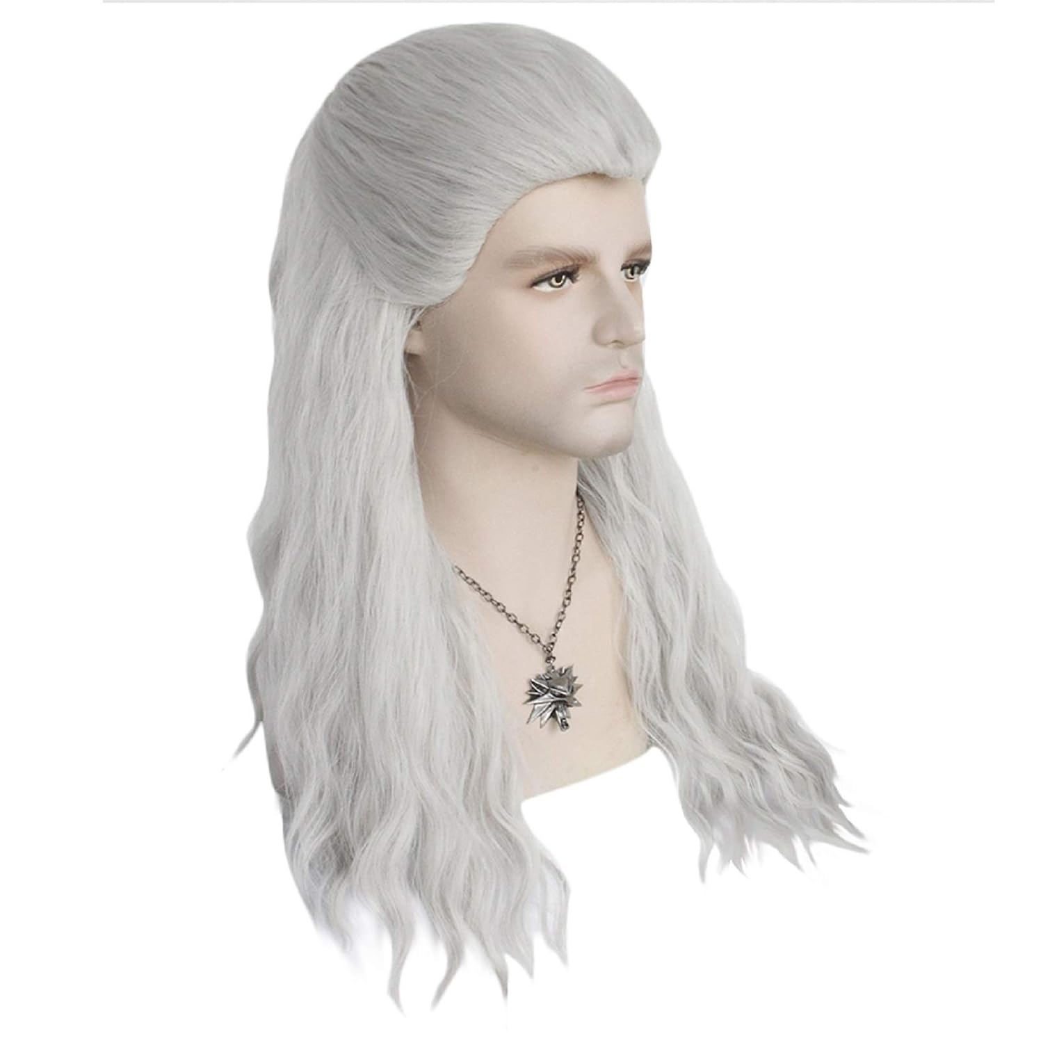 ANOGOL Hair Cap+(1 Necklace) Silver White Wigs Men Long Curly Silver White Wig for Comic Con Wavy Medieval Wigs Silver Gray Renaissance Cosplay Wig Sodlier Costume for Halloween Cosplay Party