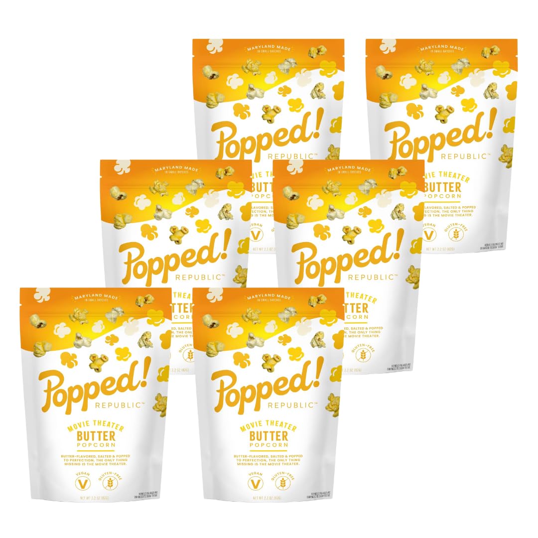 Popped! Republic Movie Theater Butter Flavored, Vegan, Gluten Free, Popcorn. 2.2 oz Bags (approx 6 cups per ouch) Pack of 6