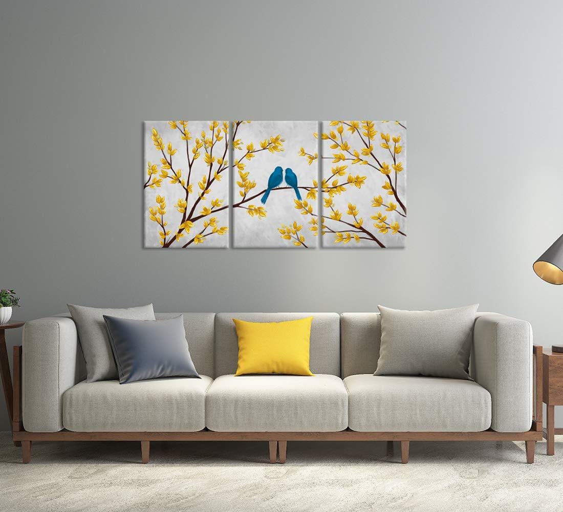 Zlove 3 Pieces Birds Canvas Wall Art Loving Birds on Yellow Tree Branch Painting Grey And Gold Picture Print for Bedroom Home Decor Ready to Hang 16x24inchx3pcs