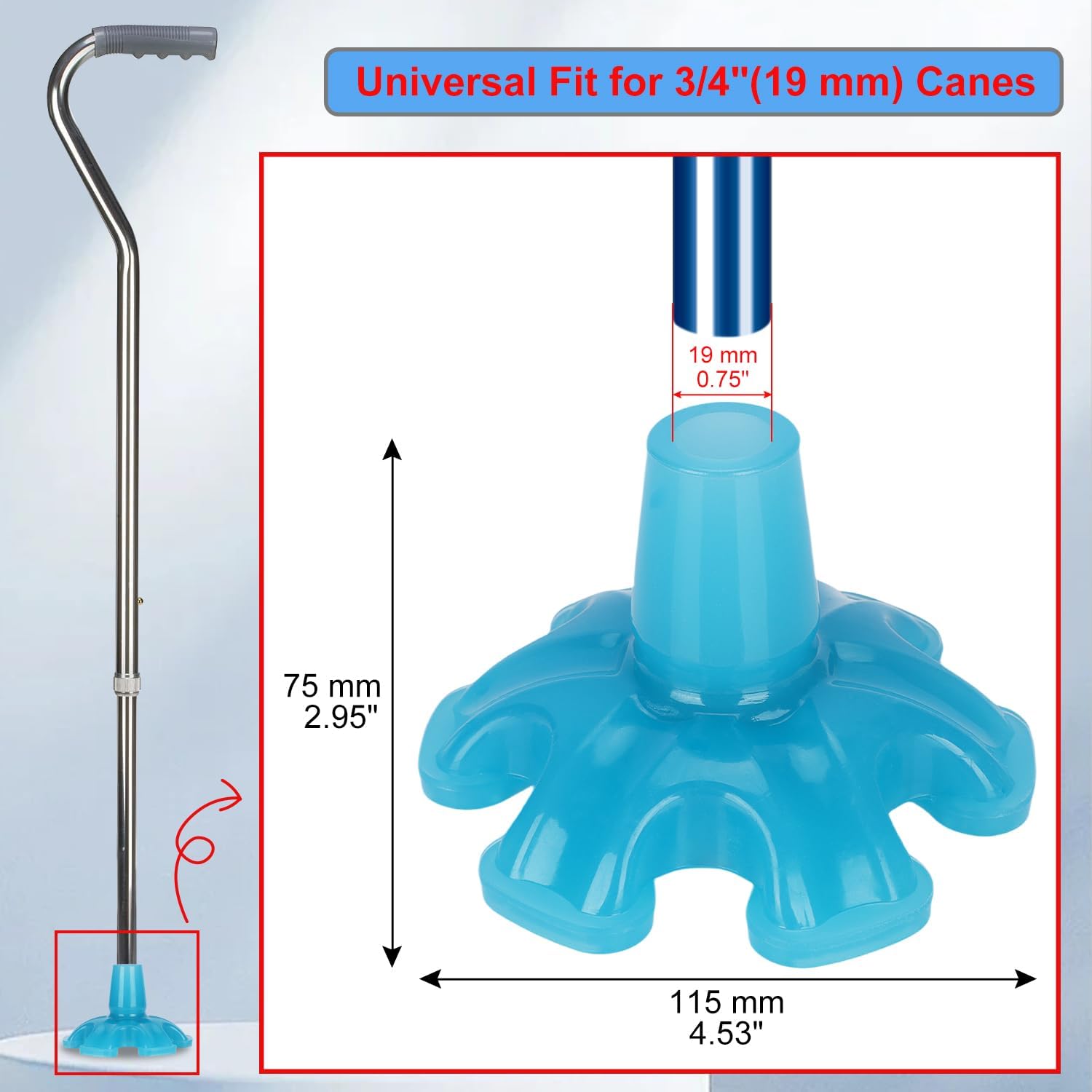 supregear Glow Walking Cane Tip, Heavy Duty 3/4 Inch Rubber Tip, Universal Fit for Most Canes, Enhances Visibility in Dark Environments and Safety, Blue