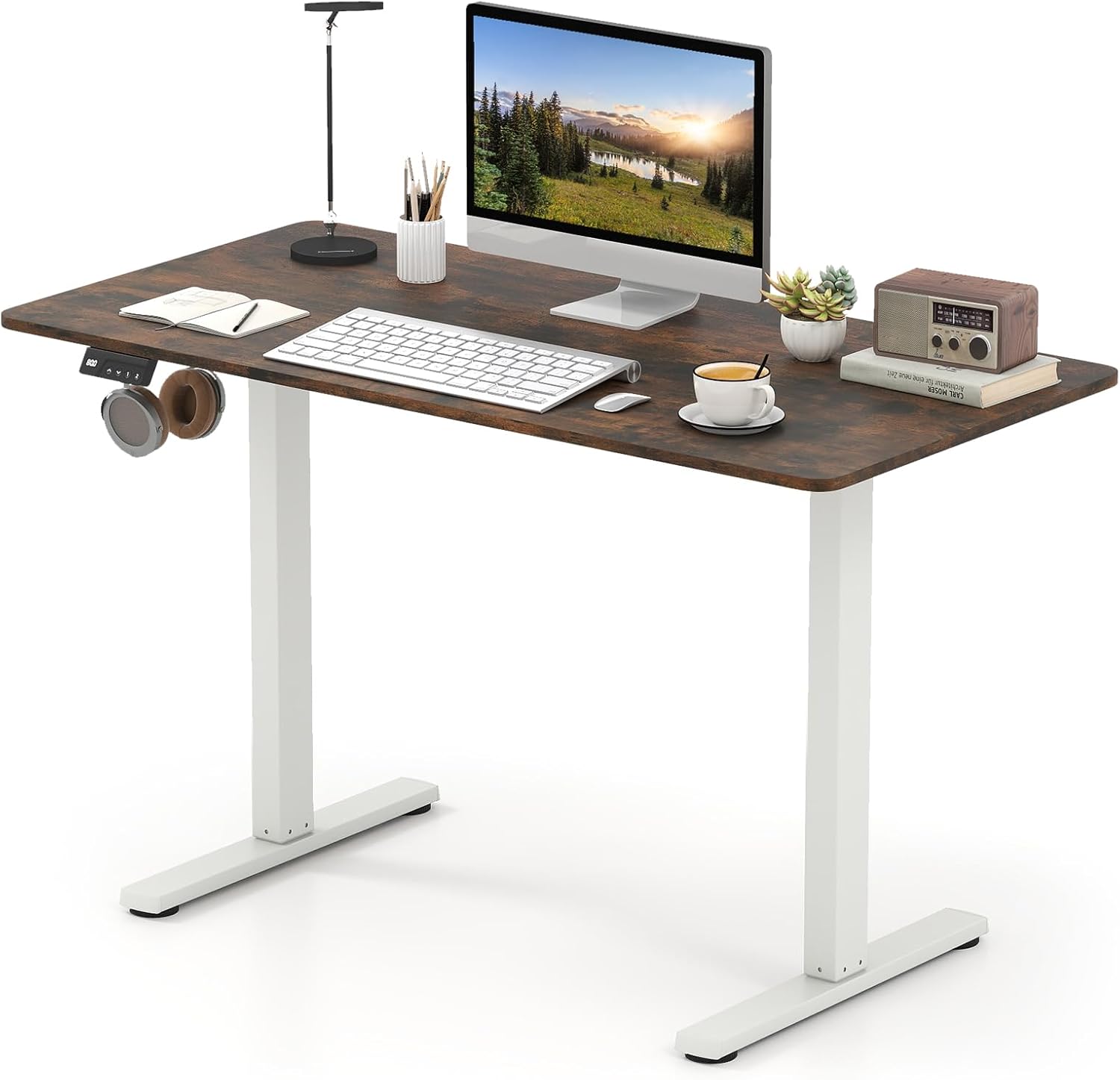 Tangkula 48" x 24" Electric Standing Desk, Ergonomic Height Adjustable Sit to Stand Desk with LED Display & 2 Memory Height Settings, Headphone Hook, Home Office Desk (Rustic Brown & White)